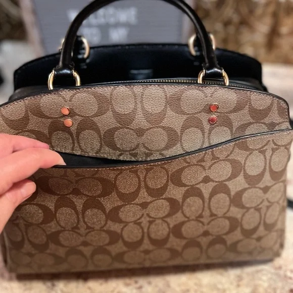 Coach Signature Canvas Satchel in Brown with Black Trim - Picture 3 of 16